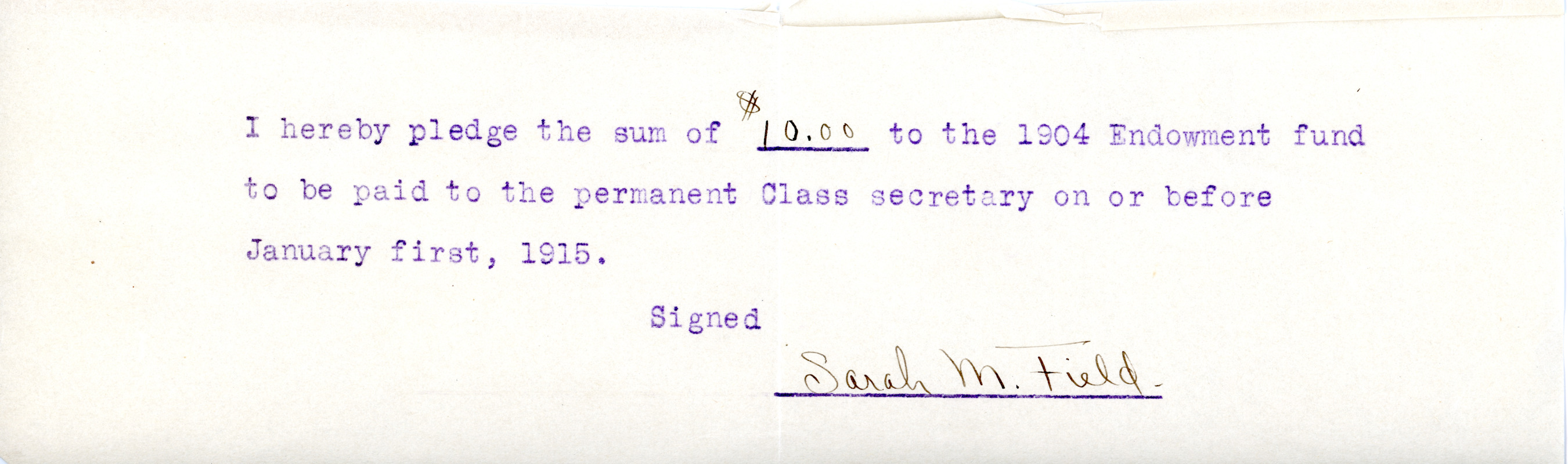 Endowment fund pledge receipt by Sarah (Sallie) M. Field, Abbot Academy, class of 1904