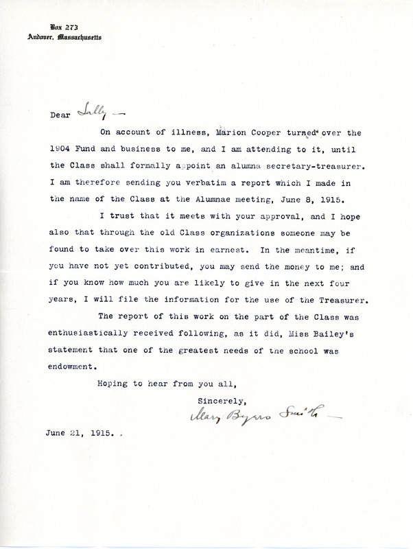 Letter from former classmate Mary Byers Smith to Sarah (Sallie) M. Field, Abbot Academy, class of 1904