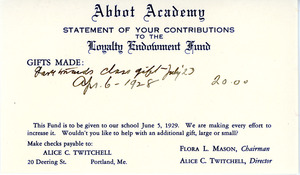 Receipt of gift to Loyalty Endowment Fund by Sarah (Sallie) M. Field, Abbot Academy, class of 1904