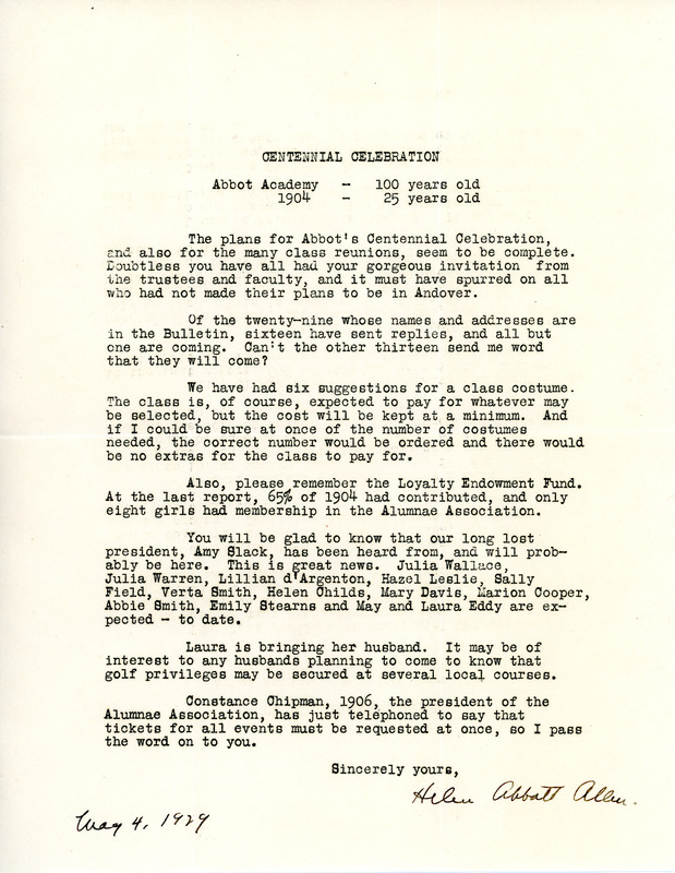 Letter from former classmate Helen Abbott Allen to Sarah (Sallie) M. Field, Abbot Academy, class of 1904