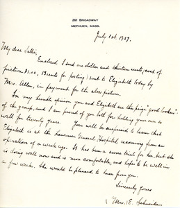 Letter from former classmate E. Schneider to Sarah (Sallie) M. Field, Abbot Academy, class of 1904
