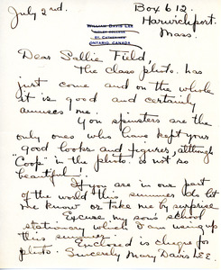 Letter from former classmate Mary Davis Lee to Sarah (Sallie) M. Field, Abbot Academy, class of 1904