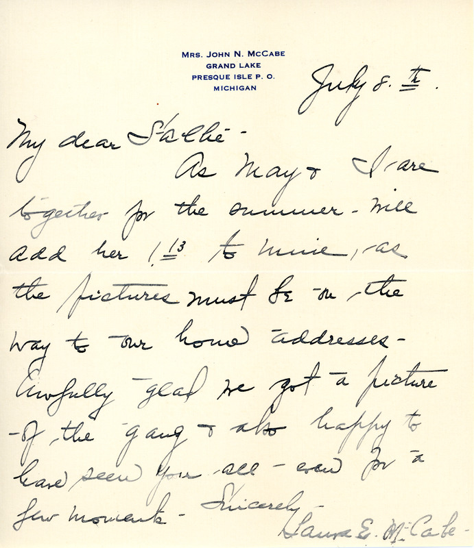 Letter from former classmate Laura E. McCabe to Sarah (Sallie) M. Field, Abbot Academy, class of 1904