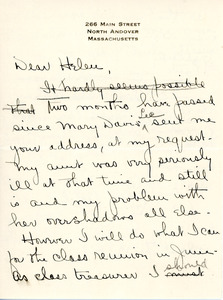 Letter to classmate Helen from Sarah (Sallie) M. Field, Abbot Academy, class of 1904