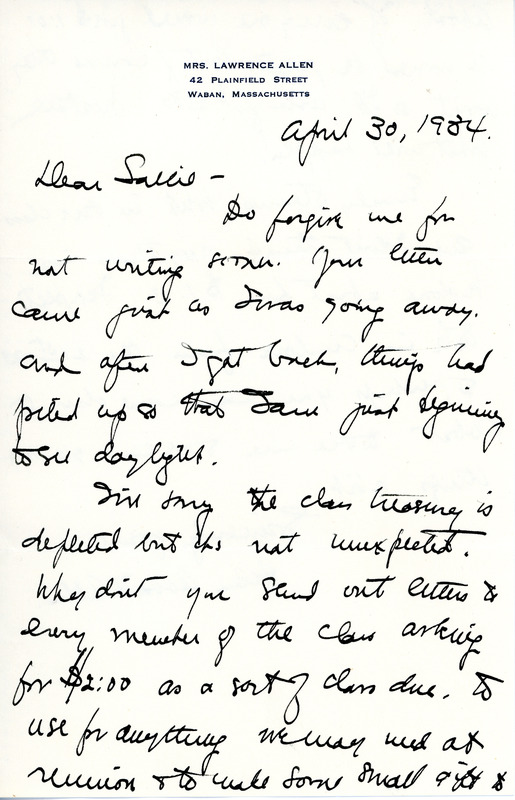 Letter from former classmate Helen Abbott Allen to Sarah (Sallie) M. Field, Abbot Academy, class of 1904