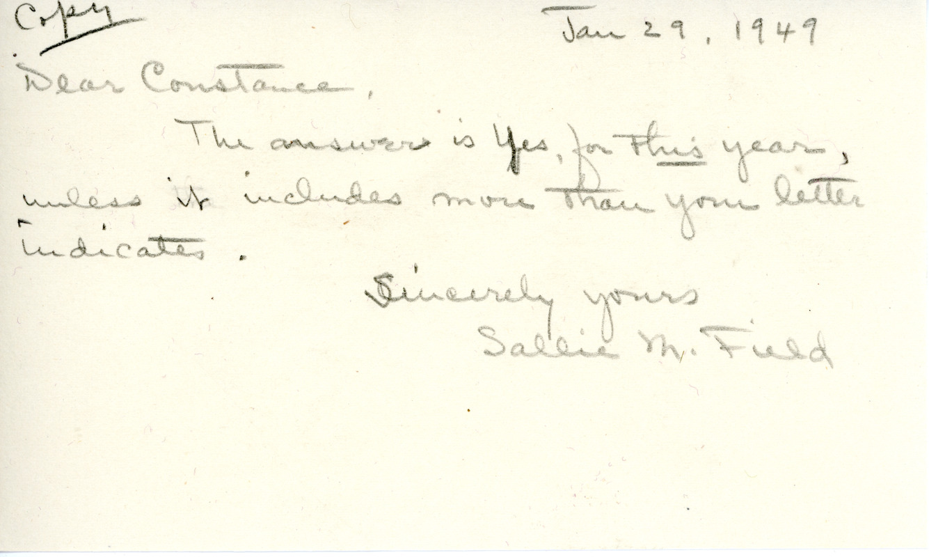 Response to Constance P. Chipman from Sarah (Sallie) M. Field, Abbot Academy, class of 1904