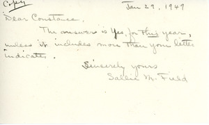 Response to Constance P. Chipman from Sarah (Sallie) M. Field, Abbot Academy, class of 1904
