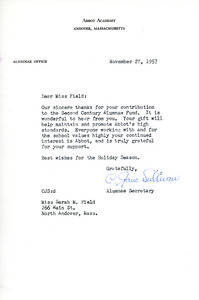 Letter from C. Jane Sullivan to Sarah (Sallie) M. Field, Abbot Academy, class of 1904