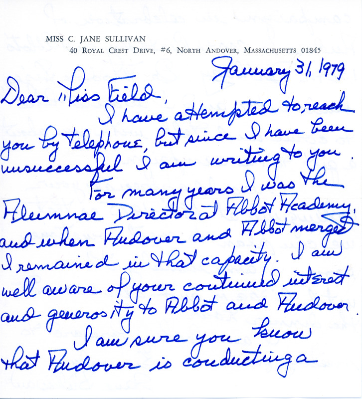 Letter from Jane Sullivan to Sarah (Sallie) M. Field, Abbot Academy, class of 1904