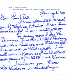Letter from Jane Sullivan to Sarah (Sallie) M. Field, Abbot Academy, class of 1904