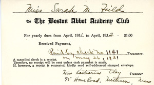 Payment to the Boston Abbot club, Sarah (Sallie) M. Field, Abbot Academy, class of 1904