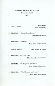 Abbot Academy Club program, Sarah (Sallie) M. Field, Abbot Academy, class of 1904