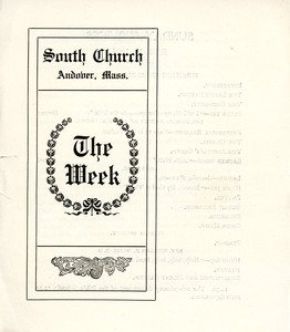 South Church bulletin titled "The Week," Sarah (Sallie) M. Field, Abbot Academy, class of 1904