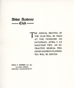 Abbot Academy Club annual meeting invitation, Sarah (Sallie) M. Field, Abbot Academy, class of 1904