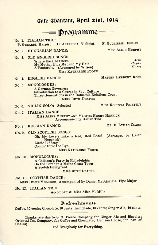 Café Chantant program, Sarah (Sallie) M. Field, Abbot Acadedmy, class of 1904