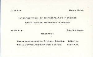 Mini schedule for performance in Draper Hall, Sarah (Sallie) M. Field, Abbot Academy, class of 1904