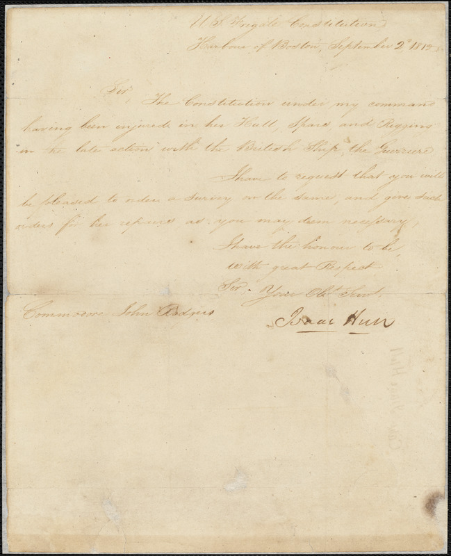 Isaac Hull to John Rodgers, September 2, 1812