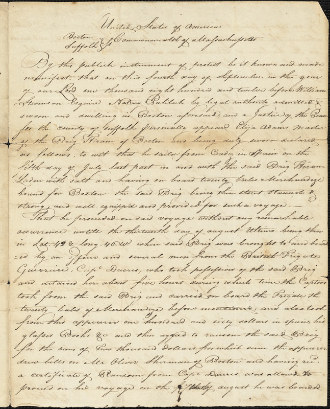 Copy of Capt. Adams's Protest - Brig Hiram, September 4, 1812