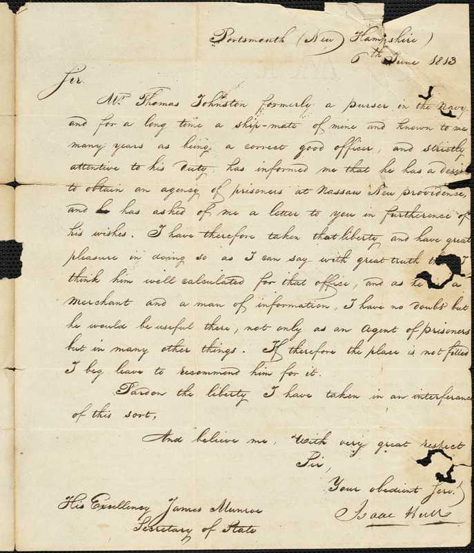Isaac Hull to James Monroe, June 6, 1813