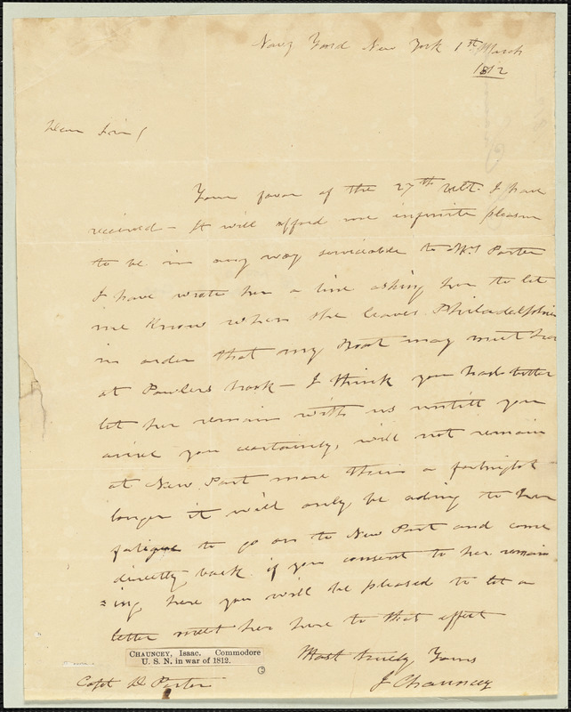 Isaac Chauncey to David Porter, March 1, 1812