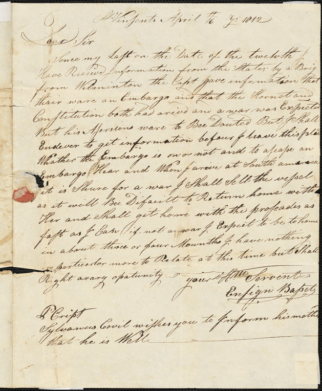 Ensign Bassett to Sylvanus Crowell, April 16, 1812