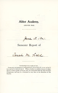 Sarah (Sallie) M. Field, Abbot Academy semester report, June 18, 1900