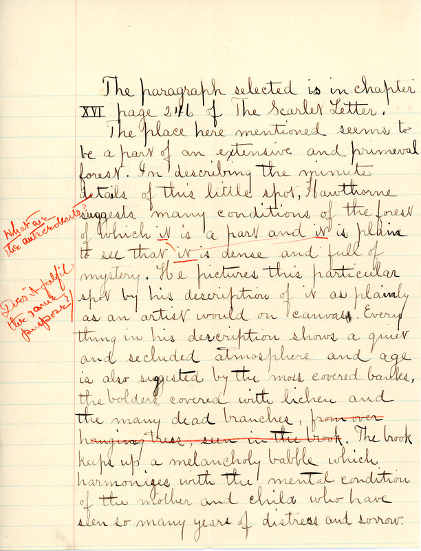 "Selected from the Scarlet Letter" written exercise by Sarah (Sallie) M. Field, Abbot Academy, class of 1904