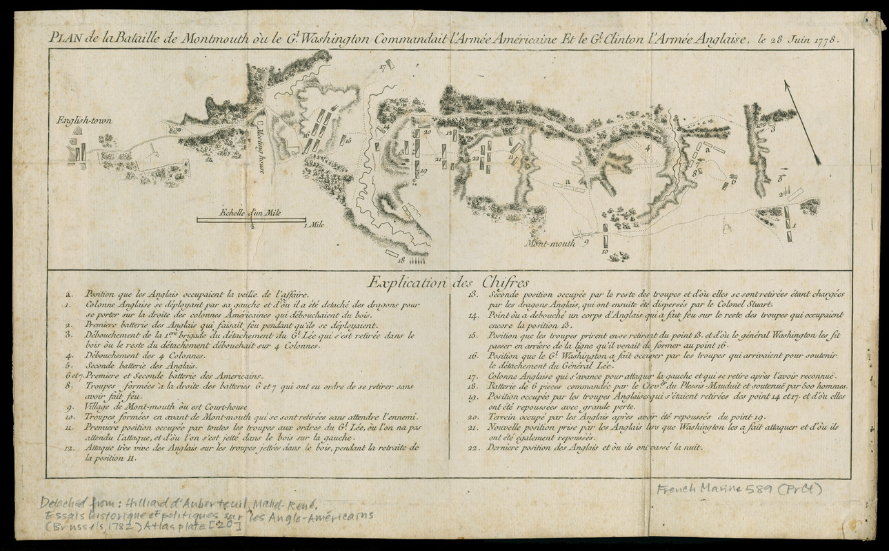 Plan de la bataille de Montmouth où le Gl. Washington commandait l'armeé Americaine et le Gl. Clinton l'armeé Anglaise, le 28 Juin 1778