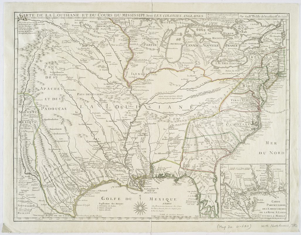 Carte de la Louisiane et du cours du Mississipi avec les colonies anglaises
