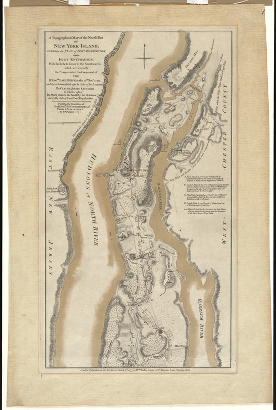 A topographical map of the northn. part of New York Island, exhibiting the plan of Fort Washington, now Fort Knyphausen, with the rebels lines to the southward, which were forced by the troops under the command of the Rt. Honble. Earl Percy, on the 16th Novr. 1776, and survey'd immediately after by order of his Lordship