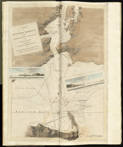 A chart of New York Harbour with the soundings views of land marks and nautical directions