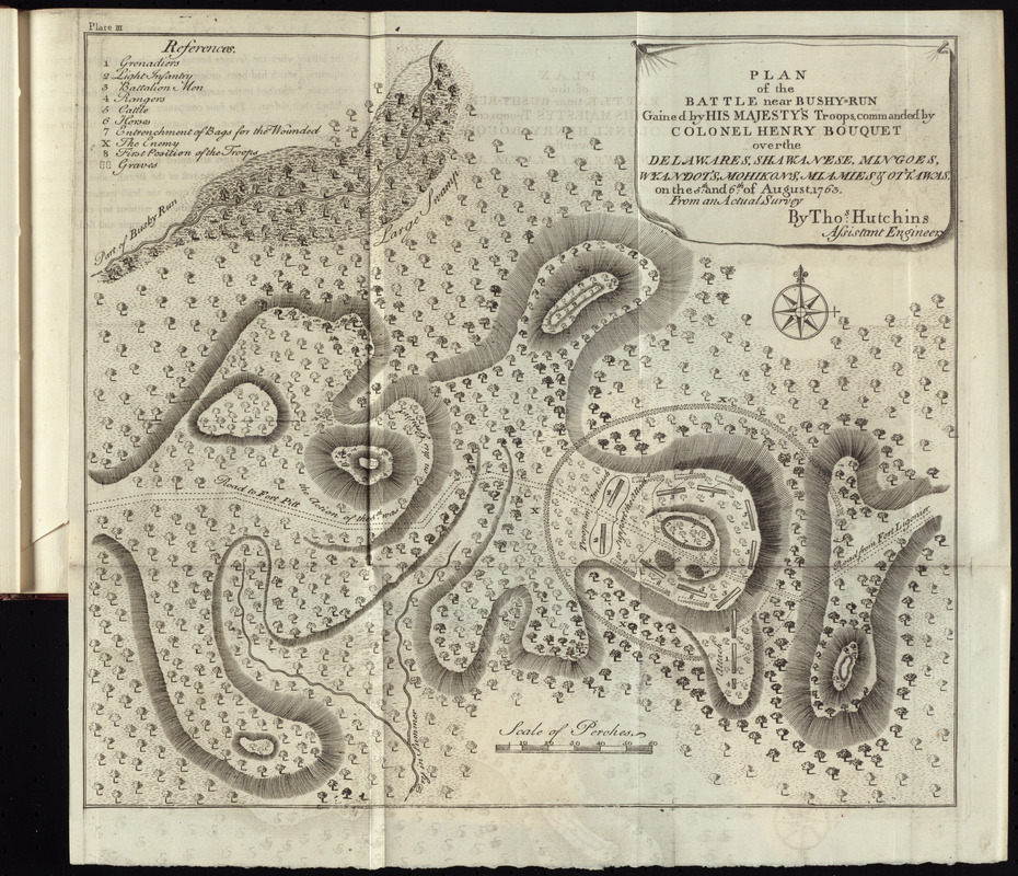 Plan of the battle near Bushy-Run gained by His Majesty's troops commanded by Colonel Henry Bouquet over the Delawares, Shawanese, Mingoes, Wyandots, Mohikons, Miamies & Ottawas, on the 5th and 6th of August, 1763, from an actual survey