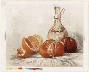 Orange, apple and wine bottle