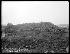 Distribution Department, Low Service Spot Pond Reservoir, riprap at north end of Great Island, Section 5, from the north, Stoneham, Mass., Nov. 9, 1899