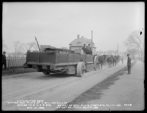 Distribution Department, Northern High Service Spot Pond Pumping Station, teaming bed-plate of 10-million gallon engine to station; weight of bed-plate complete, 50,000 lbs.; weight on truck 60,000 lbs., Medford; Stoneham, Mass., Nov. 10, 1899