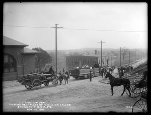 Distribution Department, Northern High Service Spot Pond Pumping Station, teaming bed-plate of 10-million gallon engine to station, Medford; Stoneham, Mass., Nov. 10, 1899