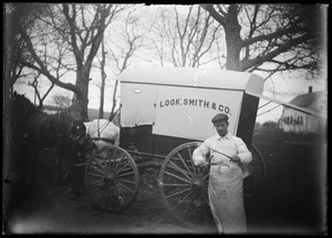 Look & Smith meat delivery wagon, WT. One man sharpening his knife