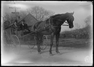 Horse drawn 4 wheel wagon on highway (see telephone pole). A man and woman, building unclear in background