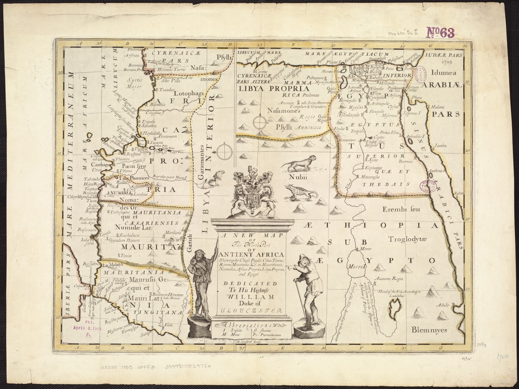 A new map of the north part of antient Africa shewing the chiefe people, cities, towns, rivers, mountains, &c. in Mauritania, Numidia, Africa Propria, Libya Propria and Egypt