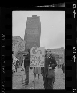 Demonstration for liberalization of Massachusetts abortion and birth control laws at Boston City Hall Plaza