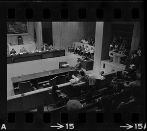 Helene Cummings addresses City Council hearing on the plight of handicapped persons from her stretcher-bed