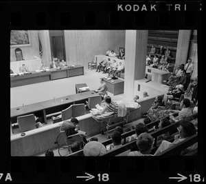 Helene Cummings addresses City Council hearing on the plight of handicapped persons from her stretcher-bed