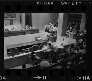 Helene Cummings addresses City Council hearing on the plight of handicapped persons from her stretcher-bed