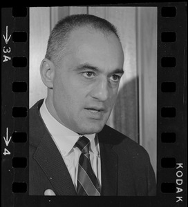 Francis X. Bellotti at a press conference concerning Atty. Gen. Edward W. Brooke's investigation into Bellotti's years as Lieutenant Governor