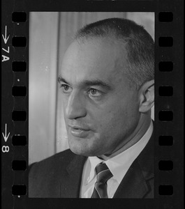 Francis X. Bellotti at a press conference concerning Atty. Gen. Edward W. Brooke's investigation into Bellotti's years as Lieutenant Governor