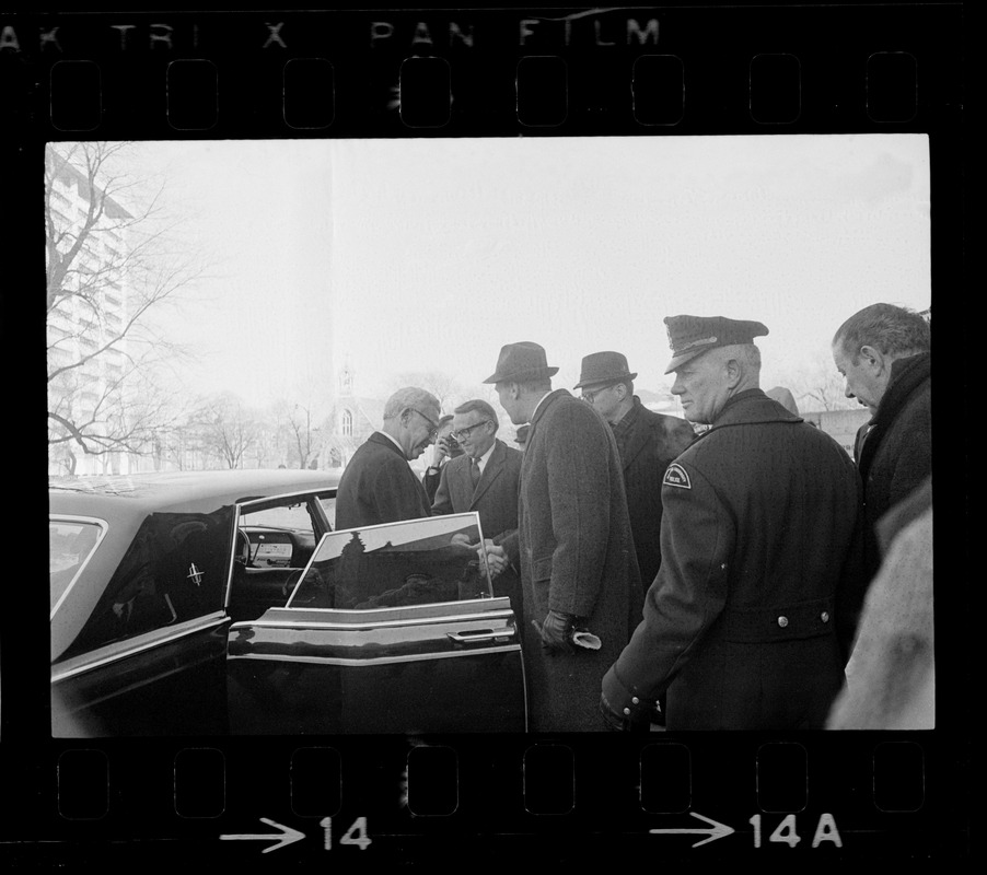 U.S. Ambassador to U.N., Arthur Goldberg, arriving for a panel discussion on Vietnam at Harvard