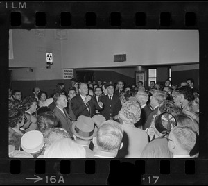 Billy Graham greeting and speaking to people unable to get into the Boston Garden to see him
