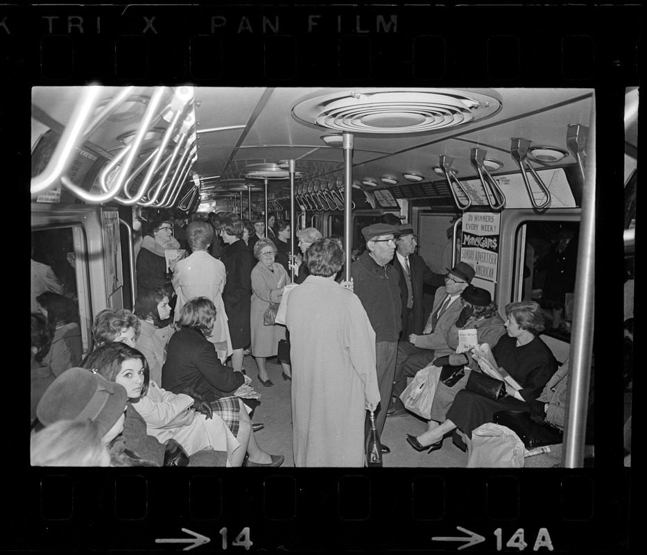 People waiting in subway car, Boston city-wide blackout