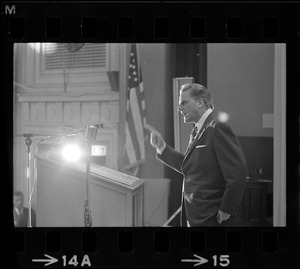 Evangelist Billy Graham addresses crowd who attended re-enactment of landing of the Pilgrims in Plymouth