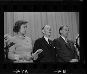 Billy Graham, far right, and others on stage singing during event for the 350th anniversary of the Pilgrims landing in Plymouth
